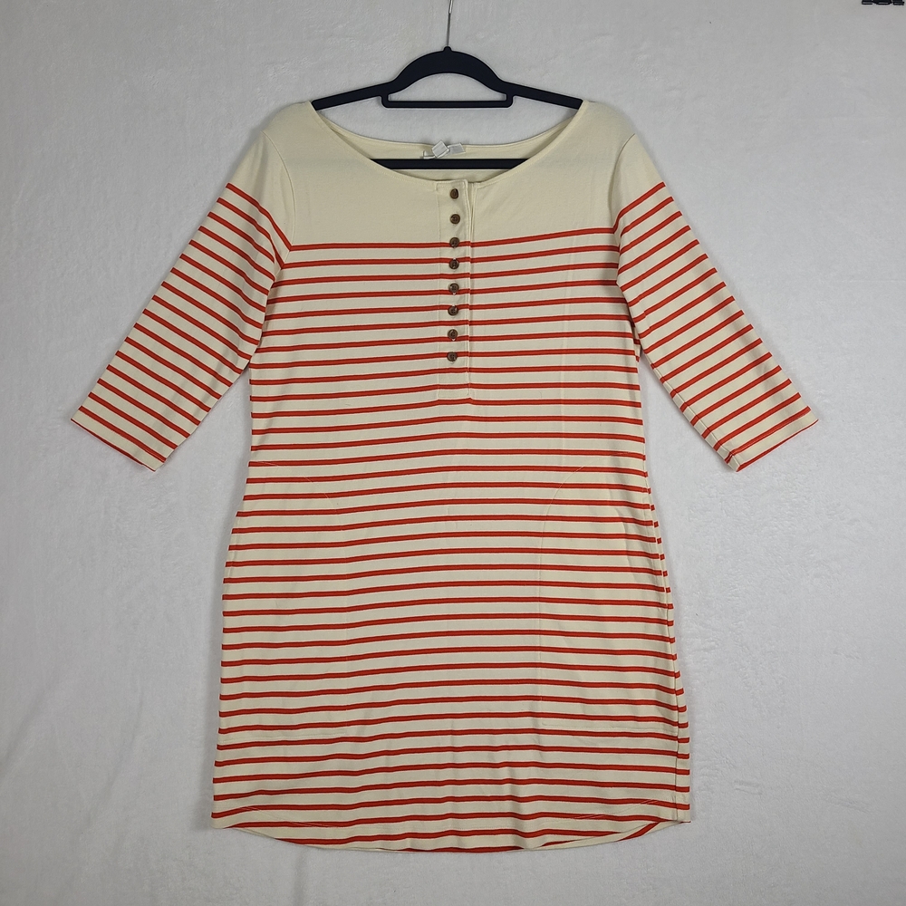 On 34th Cotton Red & Beige Striped Henley Dress Size Medium 3/4 Sleeves Pockets